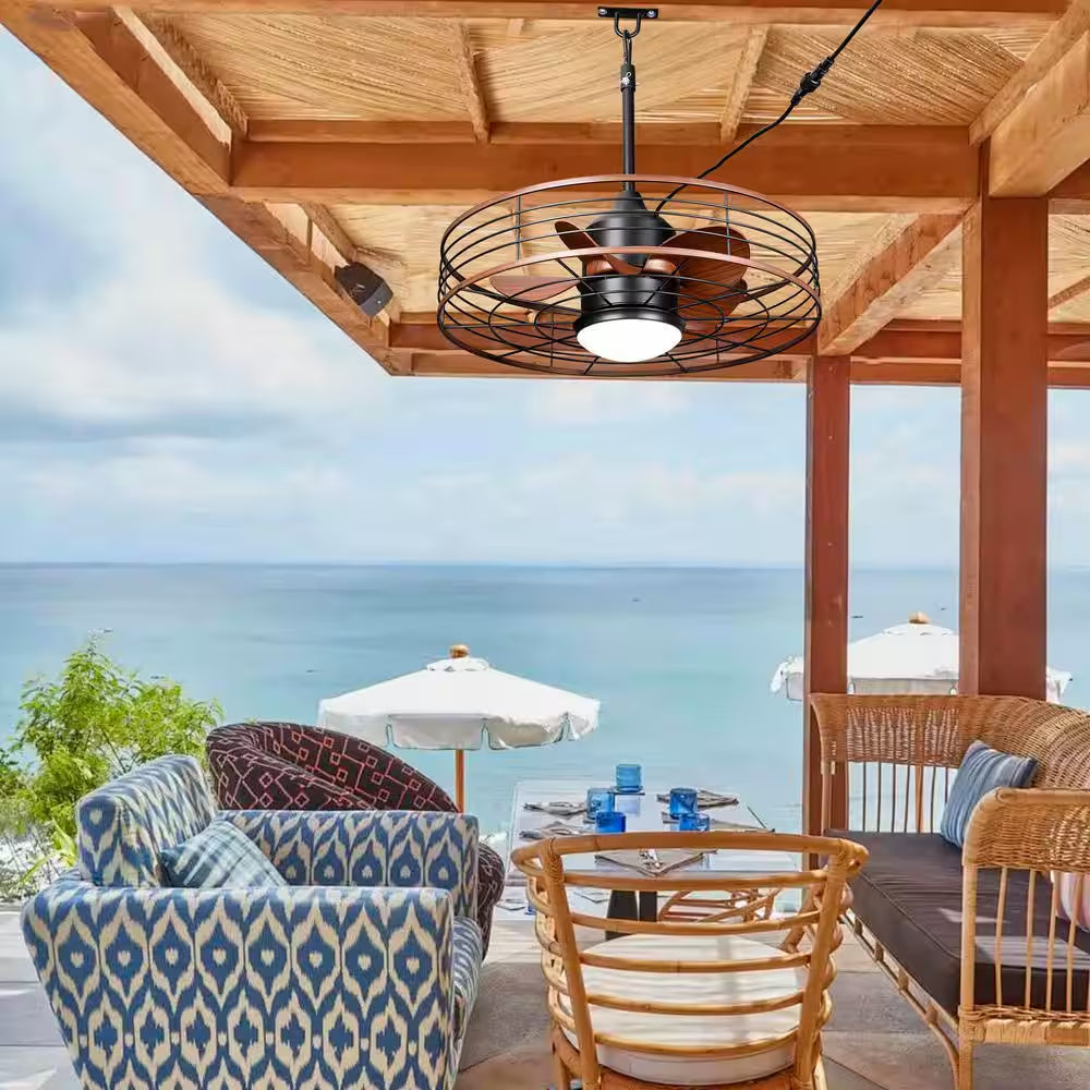 23 In. Smart Outdoor Black Waterproof Dimmable Ceiling Fan with Light and Remote