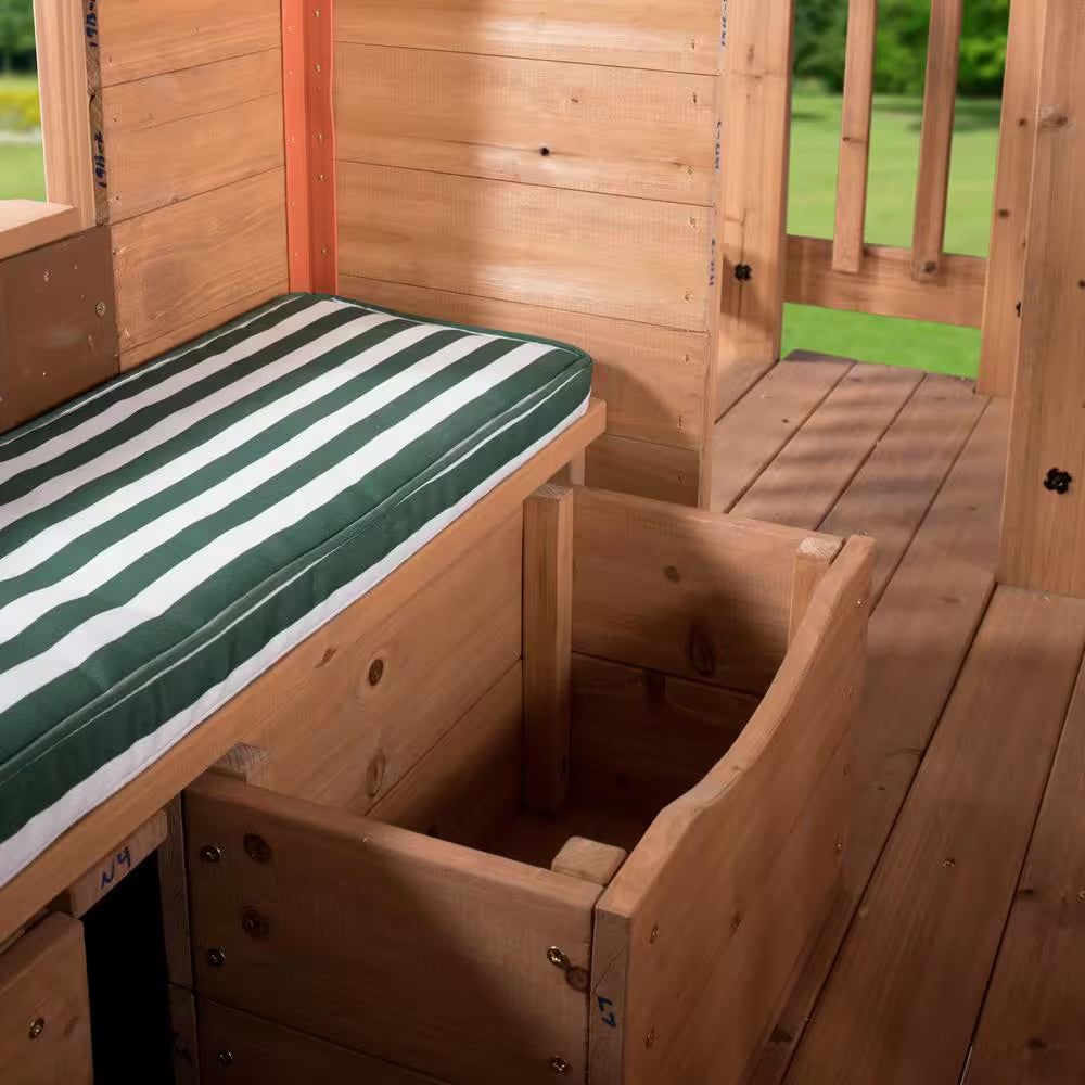 Scenic Heights Indoor Outdoor All Cedar Wooden Elevated Kids Playhouse W/ Clubhouse, Ladder, Staircase, and Play Kitchen