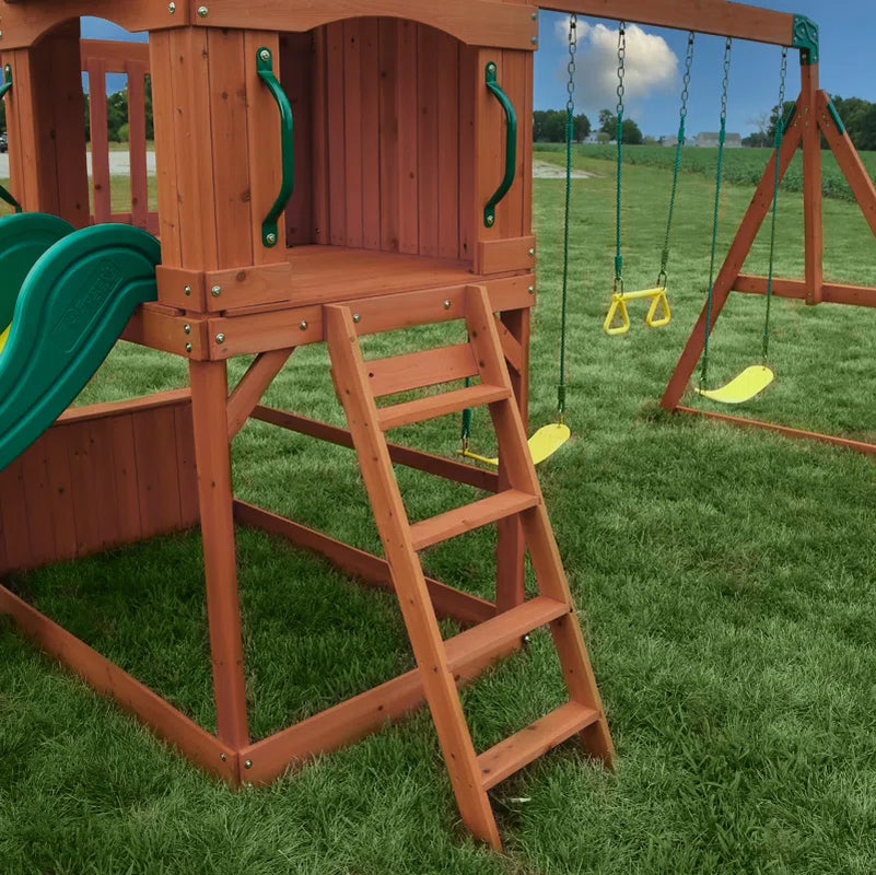 Atlantis Cedar Wood Swing Set with Wave Slide, Clubhouse, Rock Wall, and Sandbox Area