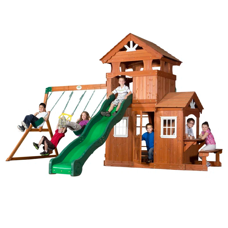 Shenandoah Cedar Wood Swing Set with Wave Slide, Clubhouse, Playhouse, and Play Kitchen