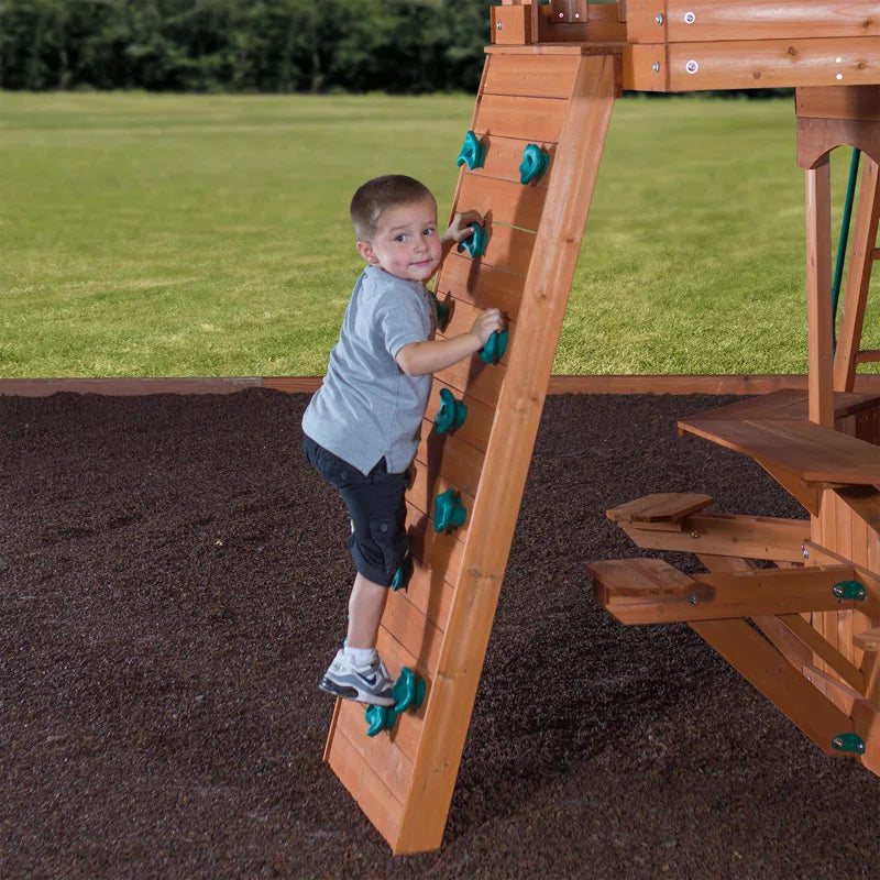 Woodland Cedar Wood Swing Set with Wave Slide, Clubhouse, Rock Wall, and Snack Bar Station