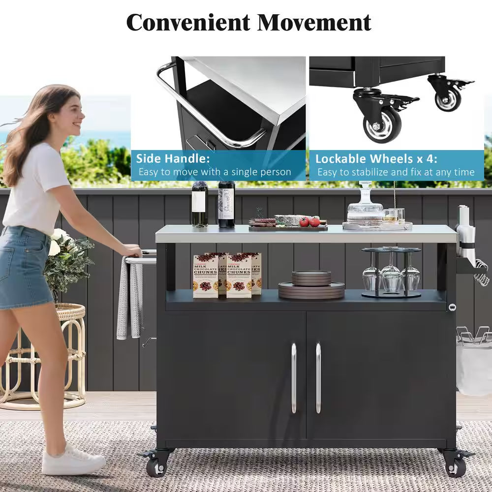 W54. 5" Metal Outdoor Bar Grill Cart with Storage Cabinet & Spice Rack & Towel Rack
