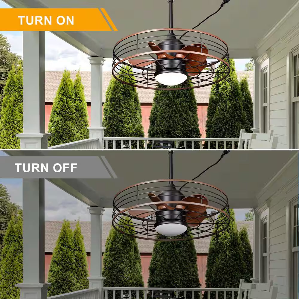 23 In. Smart Outdoor Black Waterproof Dimmable Ceiling Fan with Light and Remote