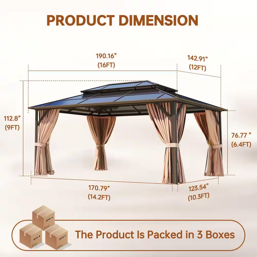 16 Ft. X 12 Ft. Polycarbonate Double Roof Patio Gazebo with Ceiling Hook, Mosquito Nets and Curtains