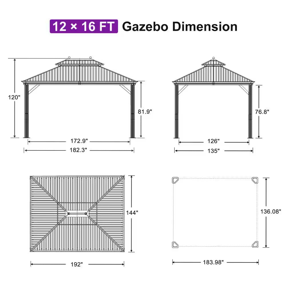 12 Ft.X 16 Ft.Bronze Patio Outdoor Gazebo for Backyard Hardtop Aluminum Frame with Hooks,Netting ,Blue Curtain,24 Lights
