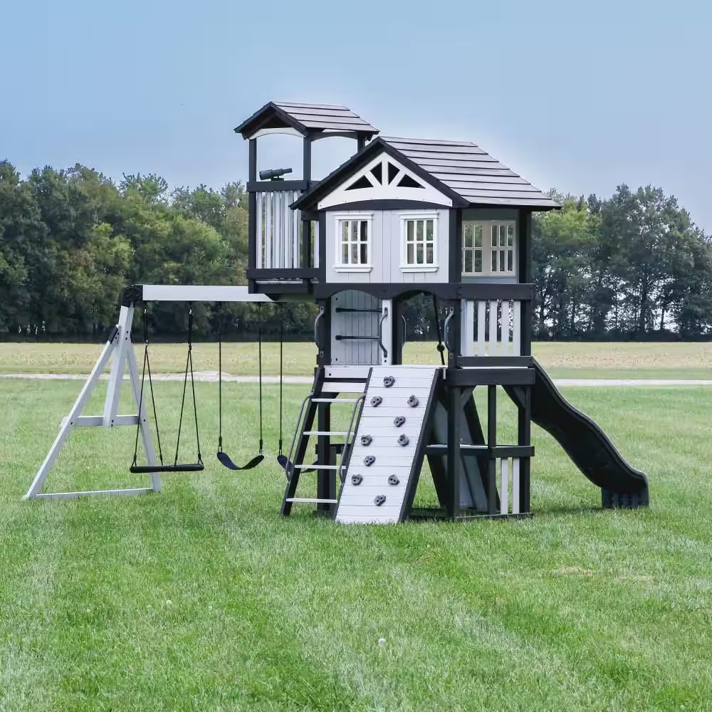 Whispering Point Outdoor Playground Set W/ Upper Clubhouse, Web Swing, Rock Wall, Swing Set, and Playset Kitchen