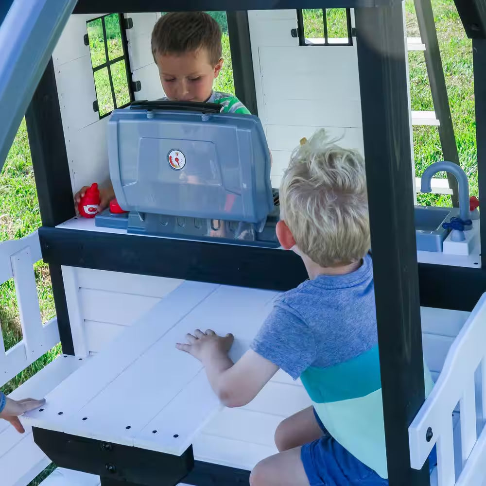 Canyon Creek White Outdoor Kid'S Playground Set W/ Rock Wall, Wave Slide, Web Swing, and Playset Kitchen