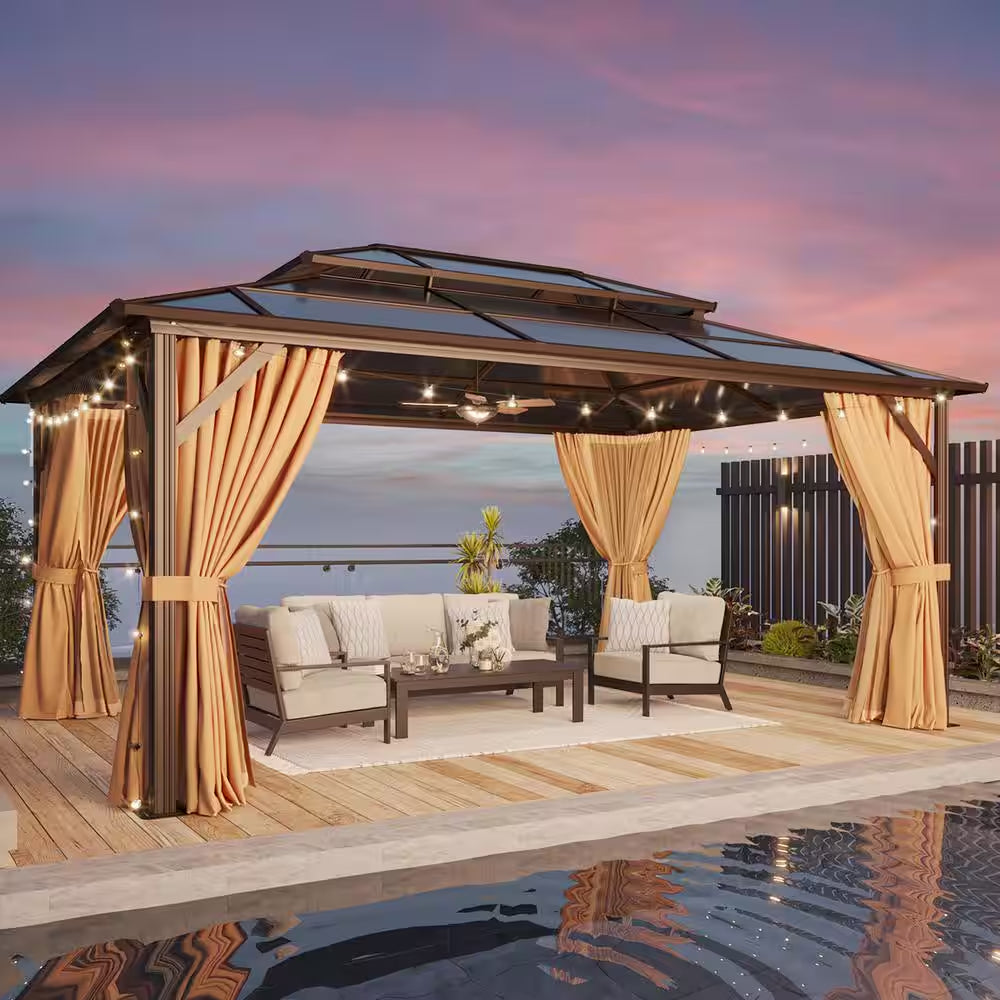 16 Ft. X 12 Ft. Polycarbonate Double Roof Patio Gazebo with Ceiling Hook, Mosquito Nets and Curtains