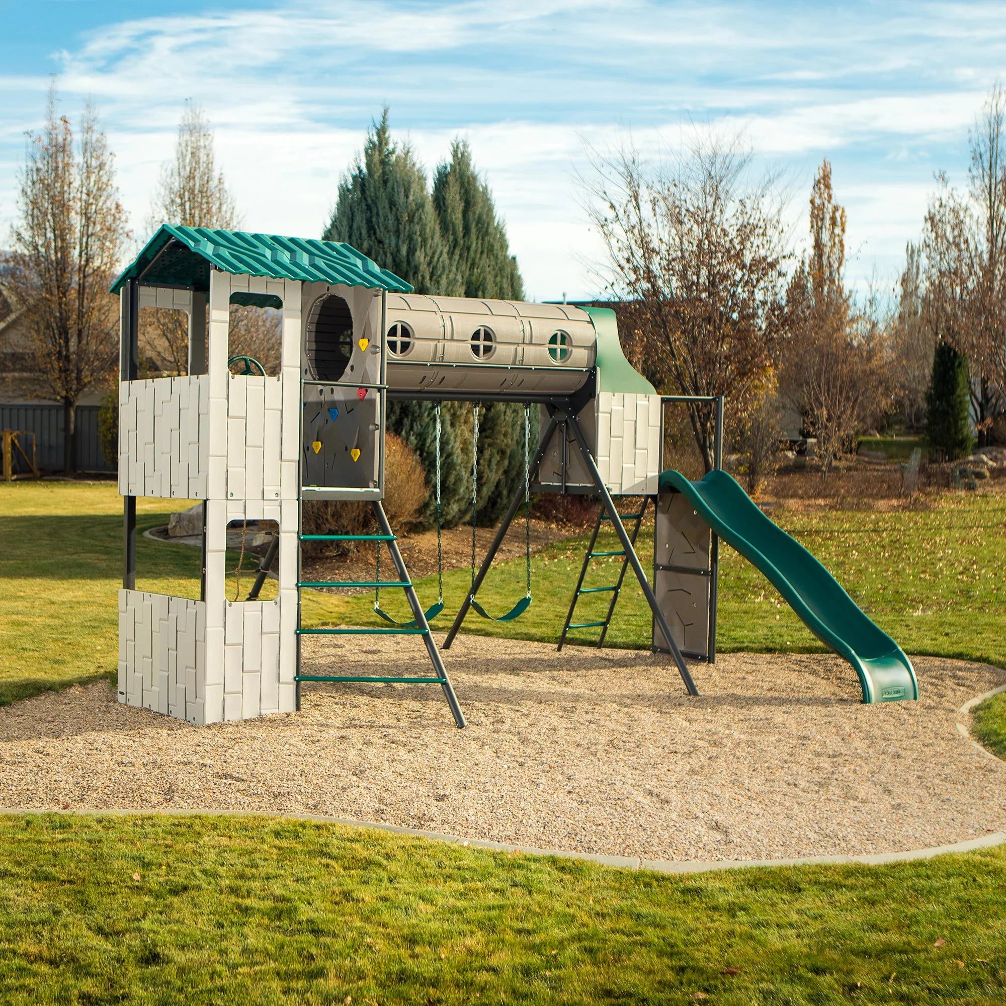 Kid'S Adventure Tunnel Swing Set with Clubhouse, Belt Swings and Climbing Wall (91134)