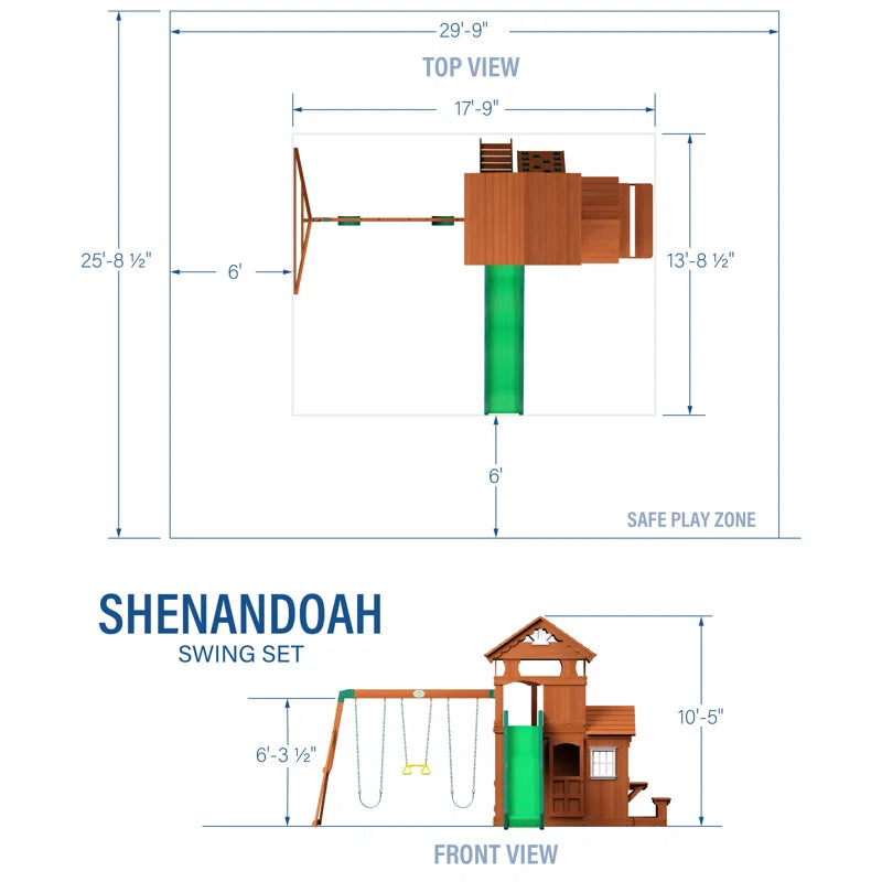 Shenandoah Cedar Wood Swing Set with Wave Slide, Clubhouse, Playhouse, and Play Kitchen