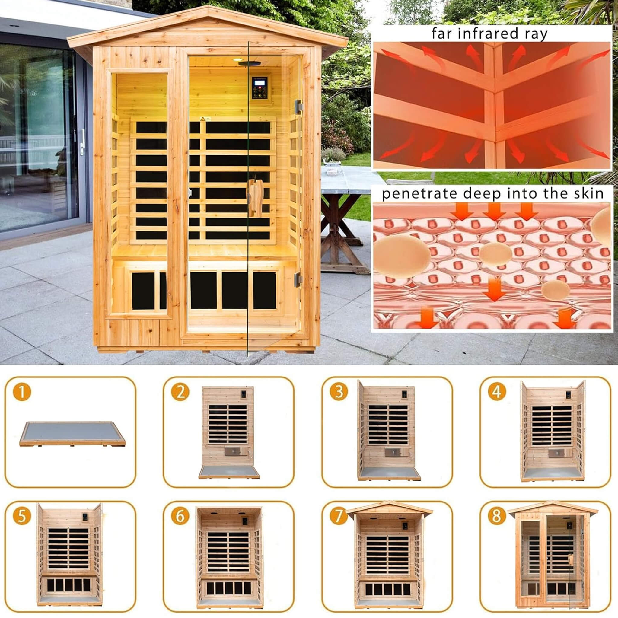 Thermora Premium 2-Person Indoor Outdoor Low EMF FAR-Infrared Hemlock Wood Personal Home Sauna Spa, 1750W (SAK27451)