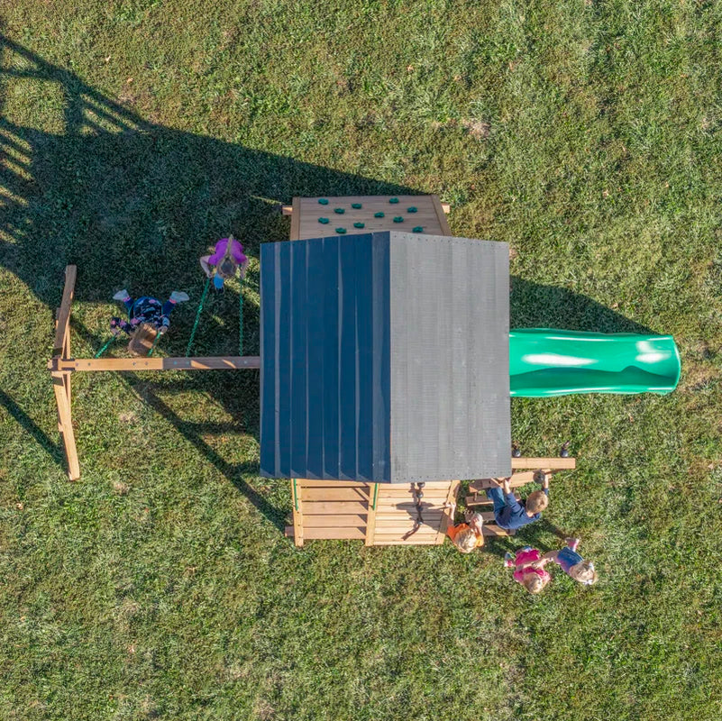 Endeavor Cedar Wood Swing Set with Wave Slide, Play Deck, Double Rock Wall, and Rope Ladder