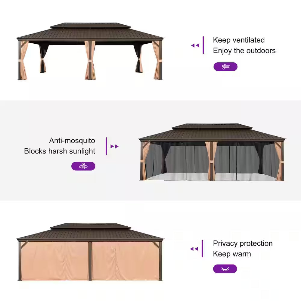14 Ft.X 28 Ft.Bronze Aluminum Power-Coated Frame Galvanized Steel Double Roof Hardtop Gazebo,Hooks,Netting,Khaki Curtain