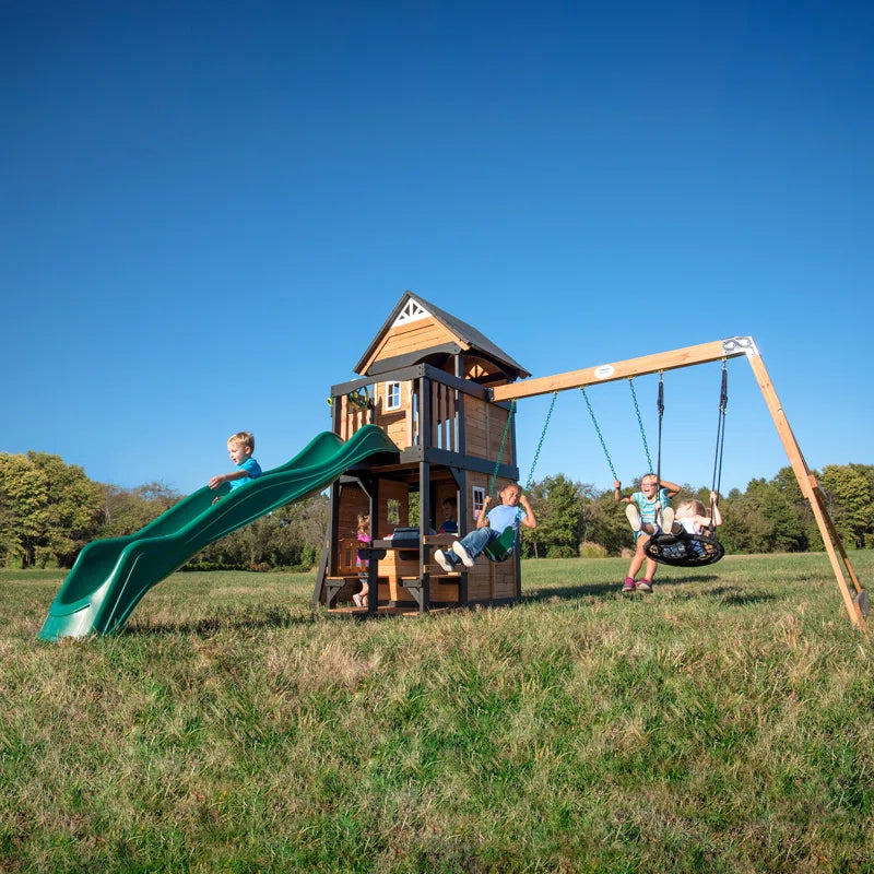 Canyon Creek Cedar Wood Swing Set with Wave Slide, Clubhouse, Rock Wall, and Play Kitchen