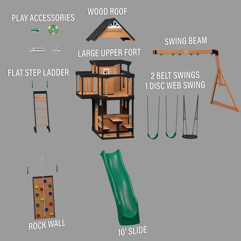 Canyon Creek Cedar Wood Swing Set with Wave Slide, Clubhouse, Rock Wall, and Play Kitchen