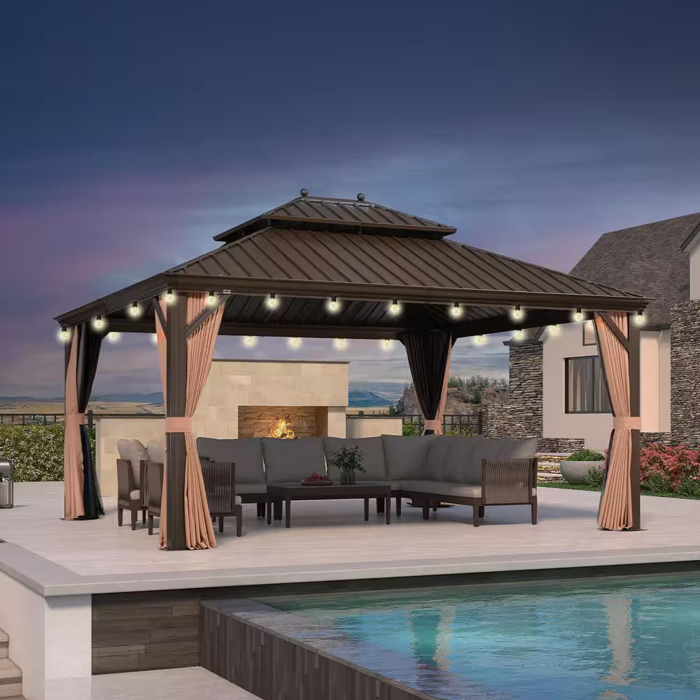 10 Ft. X 14 Ft. Bronze Patio Outdoor Gazebo for Backyard Hardtop Aluminum Frame Hooks Netting Khaki Curtain 24 Lights