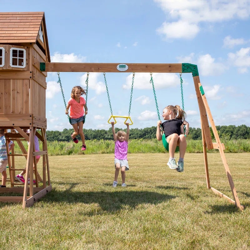 Montpelier Cedar Wood Swing Set with Wave Slide, Clubhouse, Monkey Bars, and Picnic Area