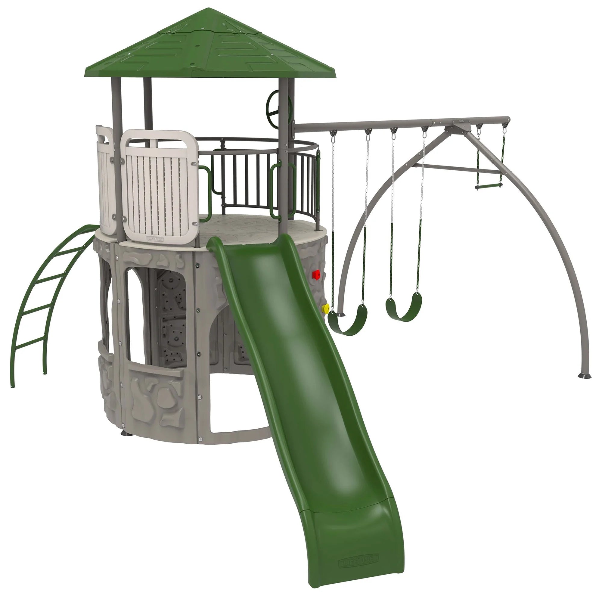 Kid'S Adventure Tower Swing Set with Slide and Climbing Wall - Green(290633)