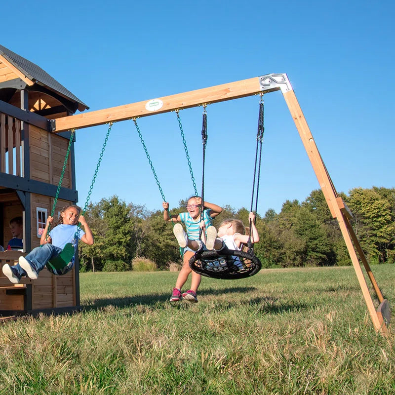 Canyon Creek Cedar Wood Swing Set with Wave Slide, Clubhouse, Rock Wall, and Play Kitchen