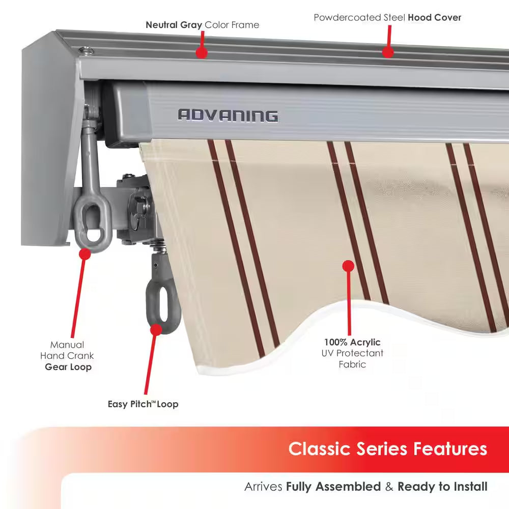 8 Ft. Classic Series Semi-Cassette Electric W/ Remote Retractable Patio Awning, Beige Red Stripes (7 Ft. Projection)