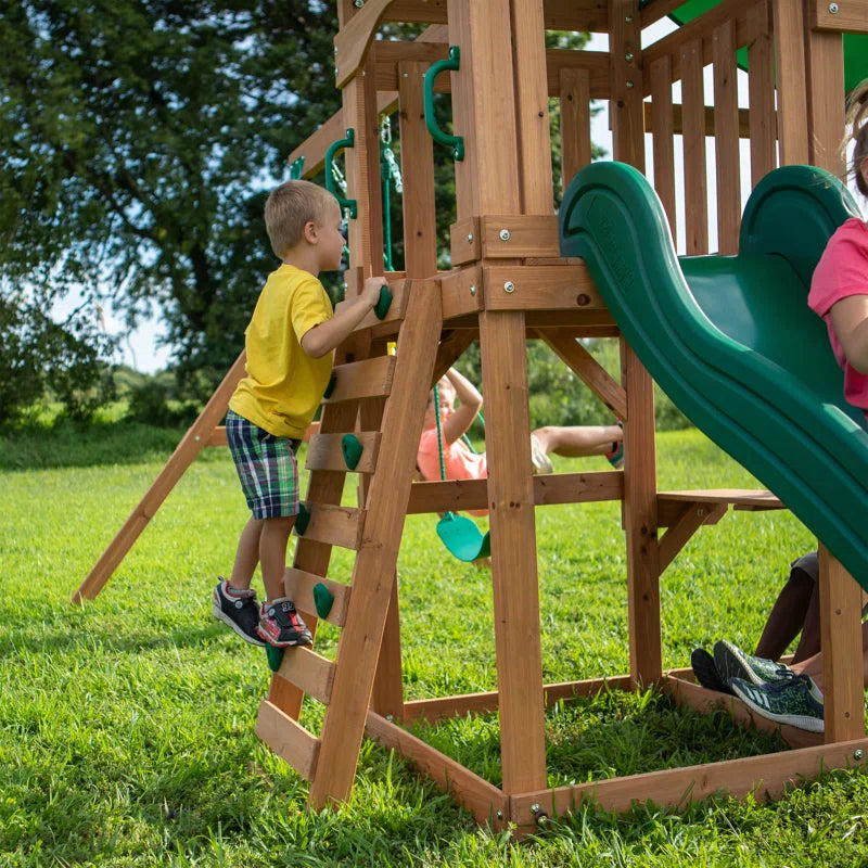 Belmont Cedar Wood Swing Set with Wave Slide, Play Deck, Rock Wall Ladder, and Snack Bar Window