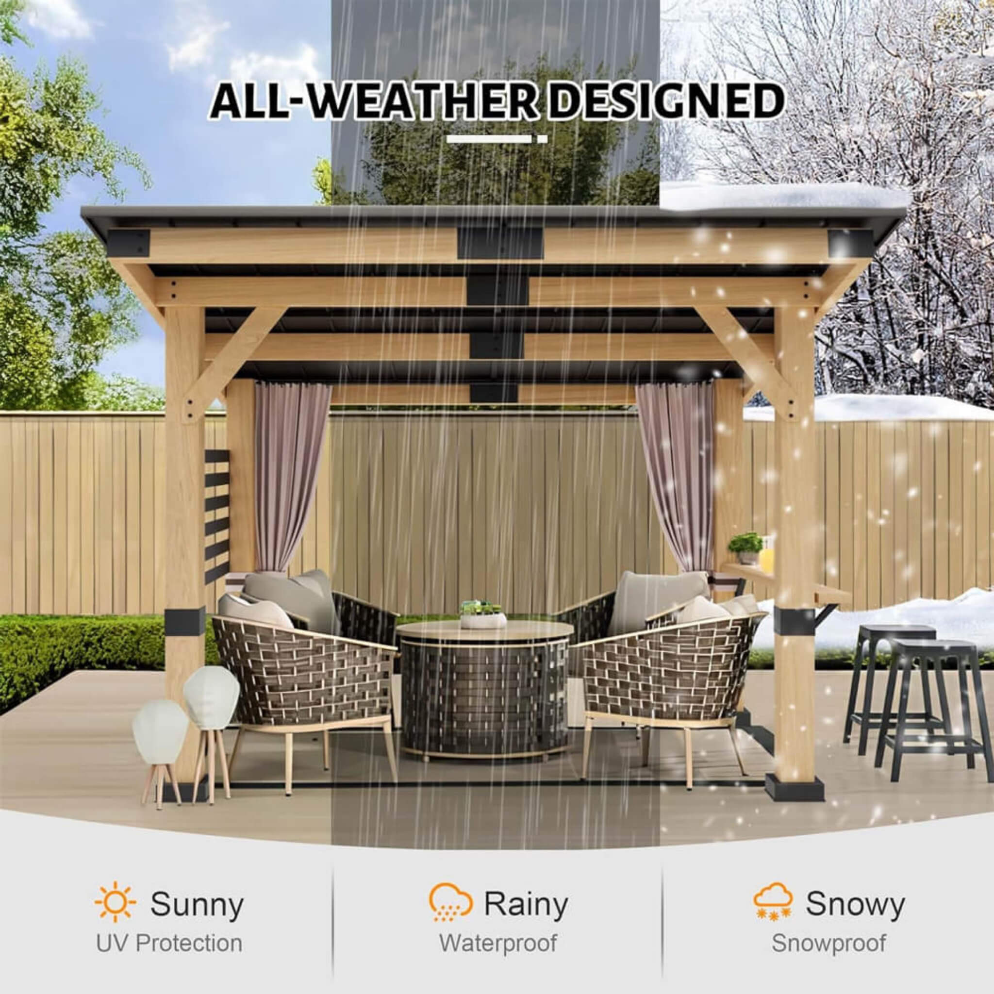 Alora Heavy-Duty Premium Outdoor All-Season Wooden Cedar Hardtop Gazebo With Metal Roof & Back Curtains (SAK57184)