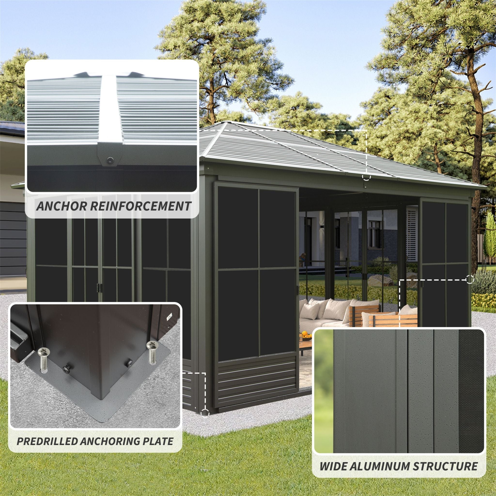 [12X14FT] Alora Premium All-Weather Outdoor Aluminum Sunroom With Galvanized Steel Hardtop Sloping Roof, Lockable Doors, And Moveable PC Screens (SAK76831)