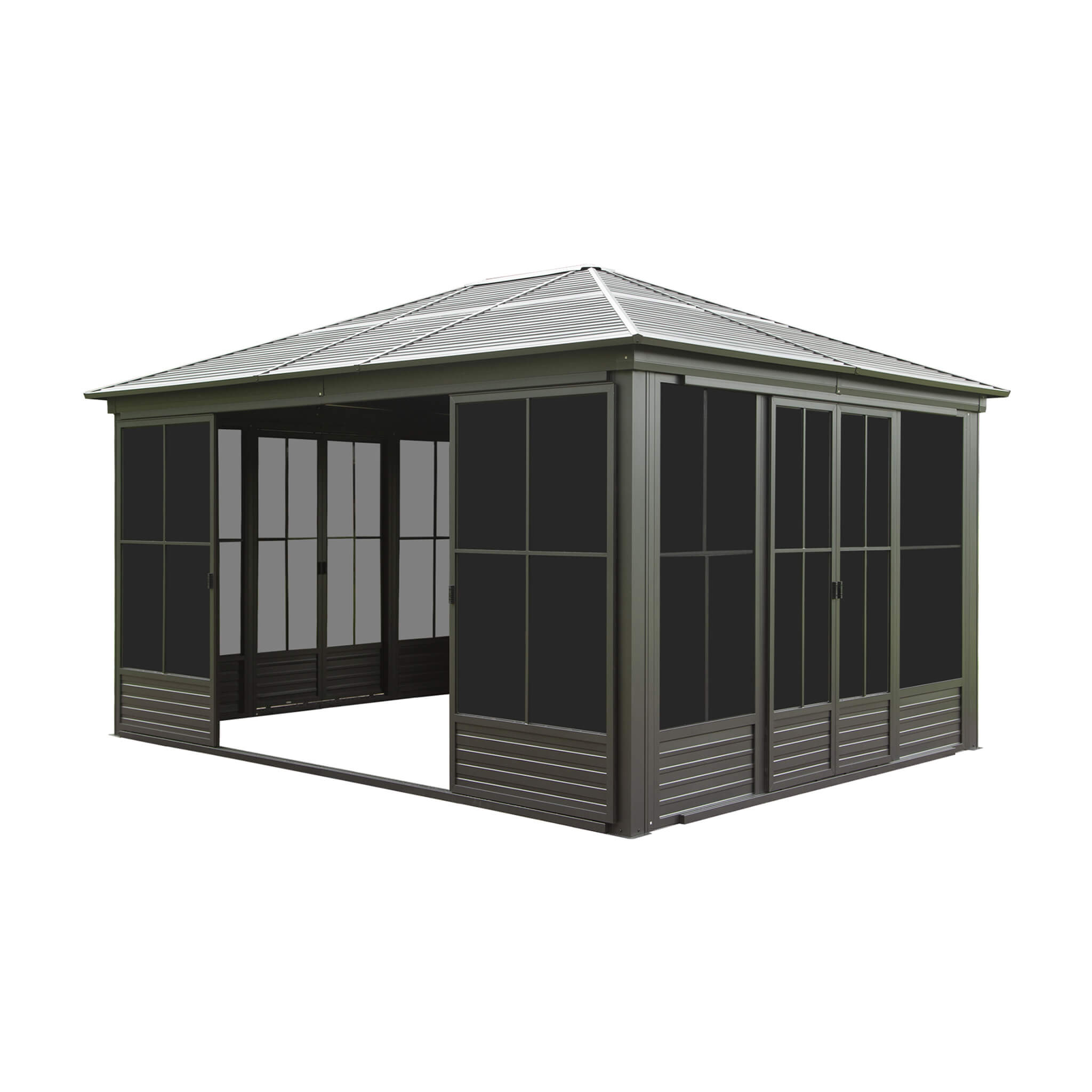 [12X14FT] Alora Premium All-Weather Outdoor Aluminum Sunroom With Galvanized Steel Hardtop Sloping Roof, Lockable Doors, And Moveable PC Screens (SAK76831)