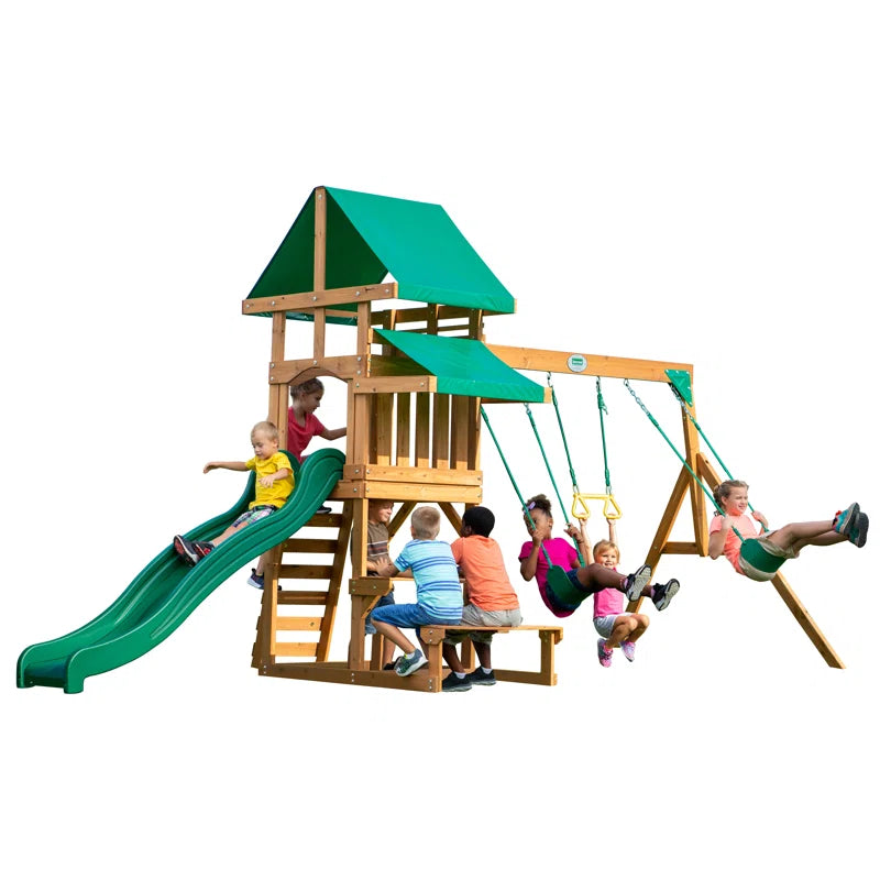 Belmont Cedar Wood Swing Set with Wave Slide, Play Deck, Rock Wall Ladder, and Snack Bar Window