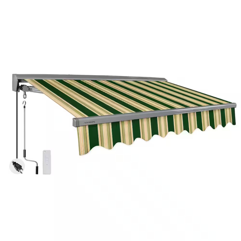 12 Ft. Classic Series Semi-Cassette Electric W/ Remote Retractable Patio Awning, Green Beige Stripes (10 Ft Projection)