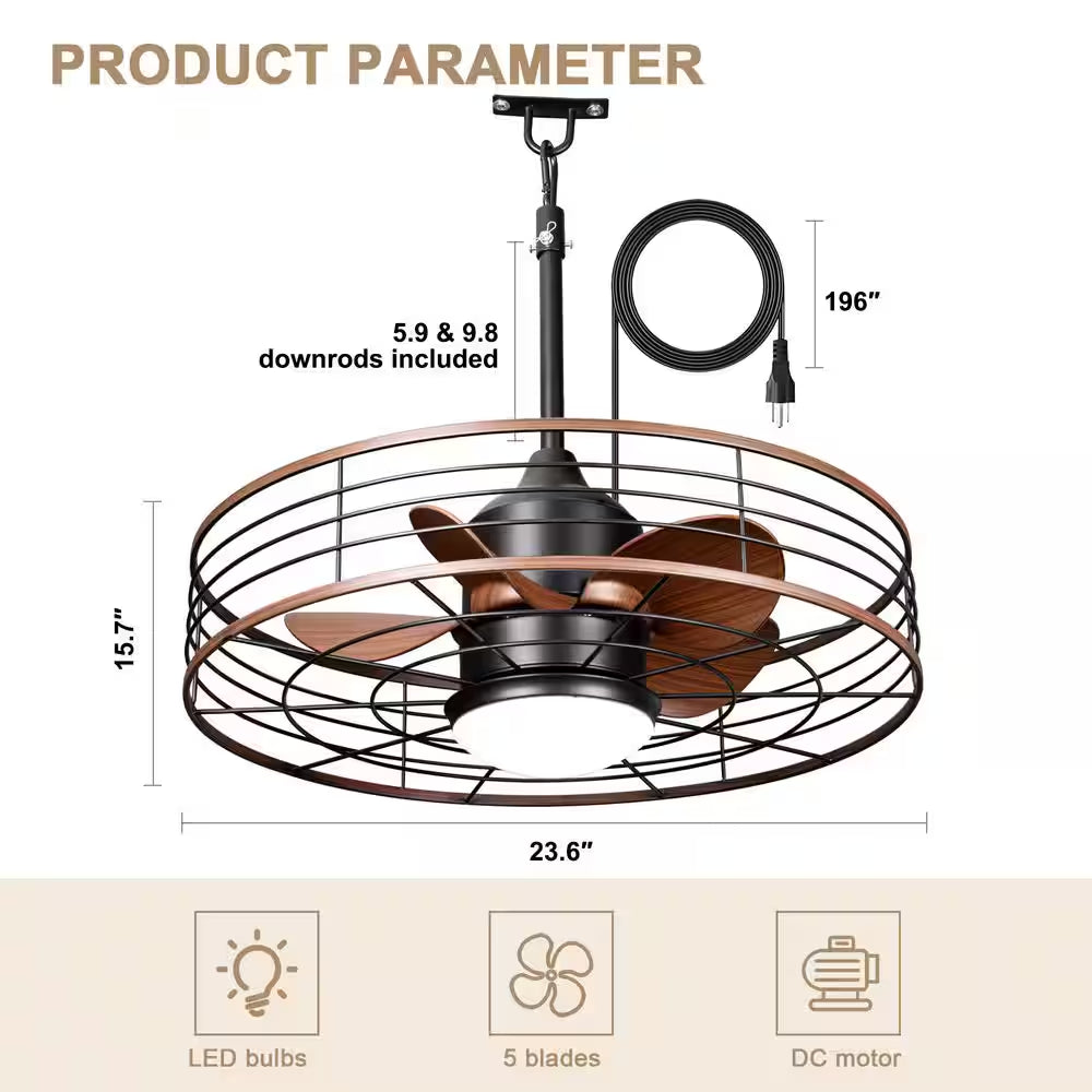 23 In. Smart Outdoor Black Waterproof Dimmable Ceiling Fan with Light and Remote