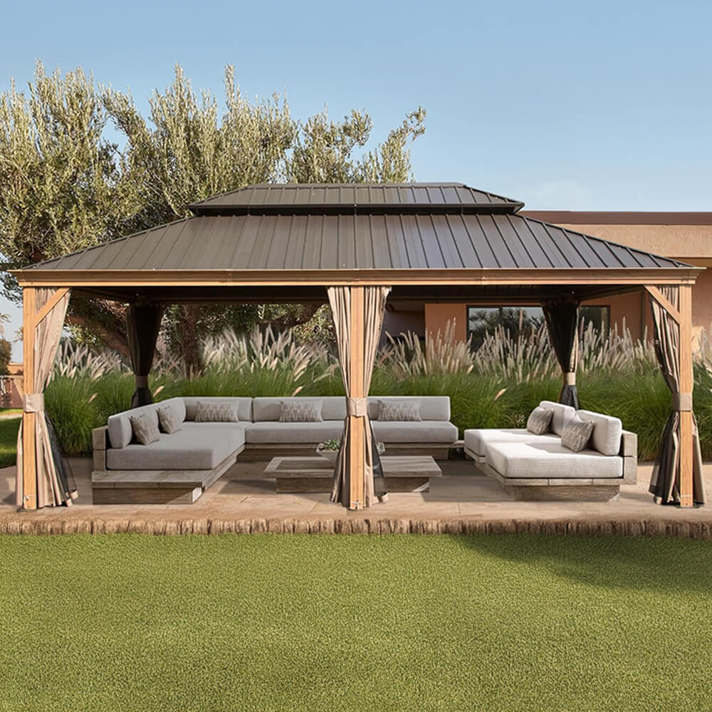 [14X24FT] Alora Heavy-Duty Aluminum Galvanized Steel Double Roof Hardtop Gazebo With Netting And Curtains (SAK41853)