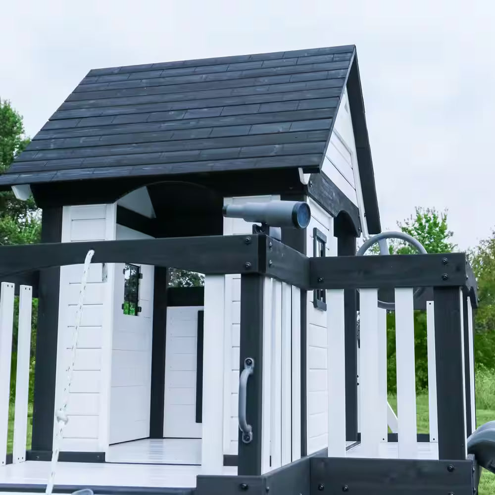 Canyon Creek White Outdoor Kid'S Playground Set W/ Rock Wall, Wave Slide, Web Swing, and Playset Kitchen