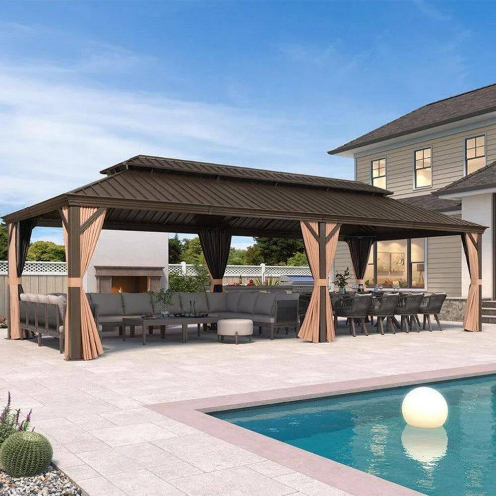 14 Ft.X 28 Ft.Bronze Aluminum Power-Coated Frame Galvanized Steel Double Roof Hardtop Gazebo,Hooks,Netting,Khaki Curtain