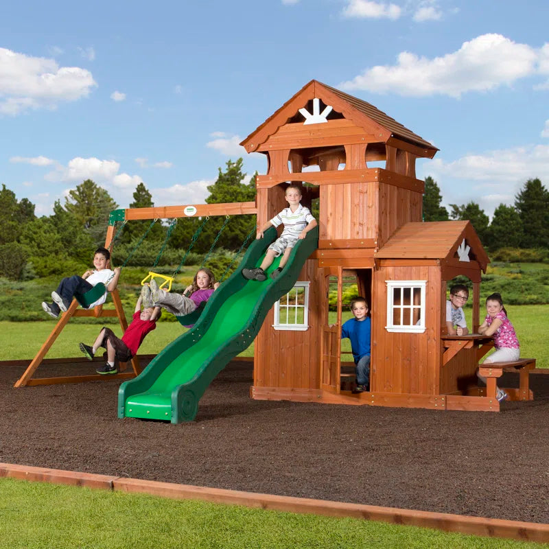 Shenandoah Cedar Wood Swing Set with Wave Slide, Clubhouse, Playhouse, and Play Kitchen