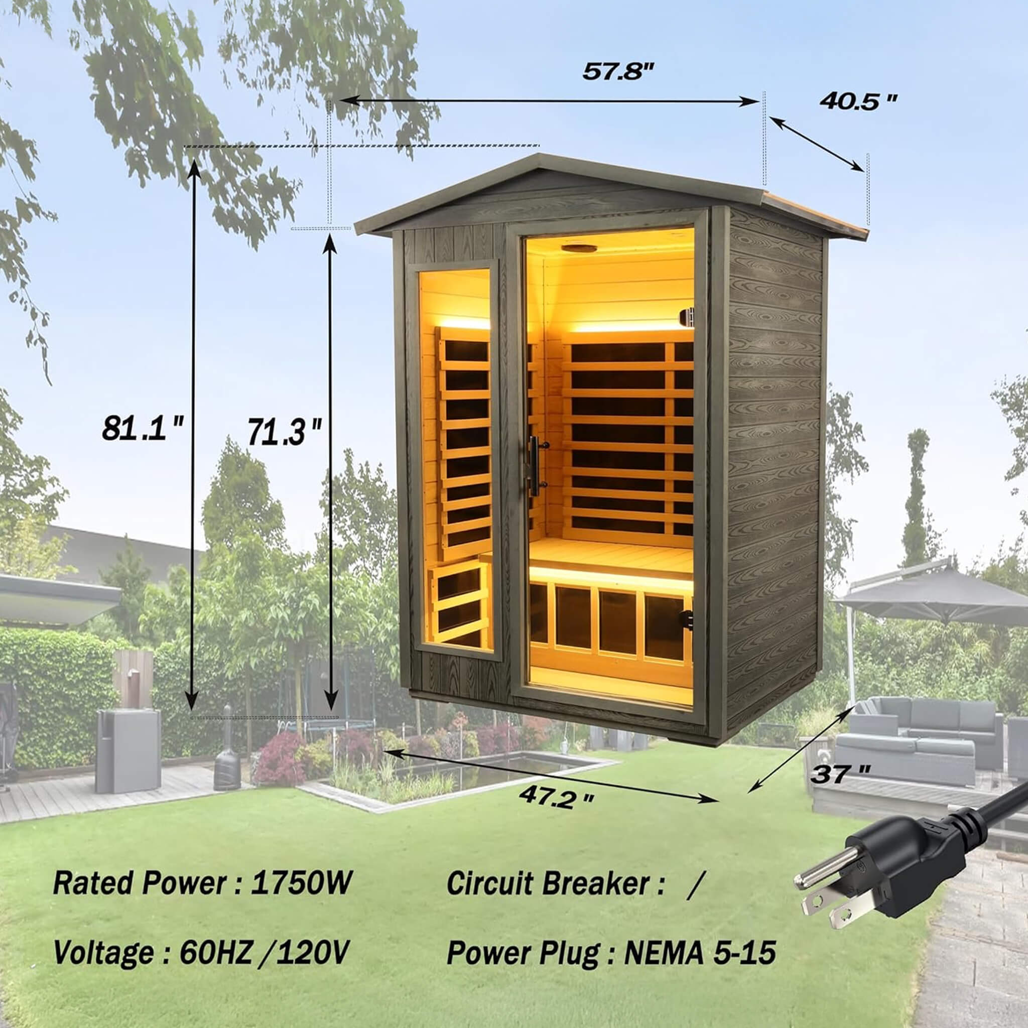 Thermora Premium 2-Person Black Carbonized Walnut Low EMF Far Infrared Outdoor Sauna With Bluetooth Audio And LED Lighting (SAK16850)