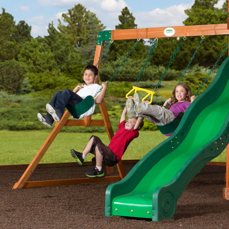 Shenandoah Cedar Wood Swing Set with Wave Slide, Clubhouse, Playhouse, and Play Kitchen
