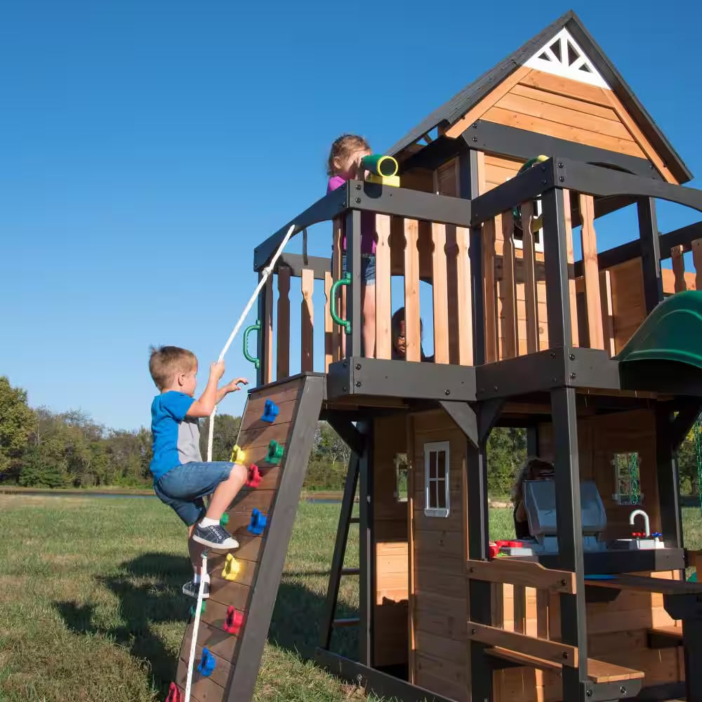 Canyon Creek Outdoor Kid'S Playground Set W/ Rockwall, Upper Fort, Swing Set, Green Wave Slide, and Playset Kitchen