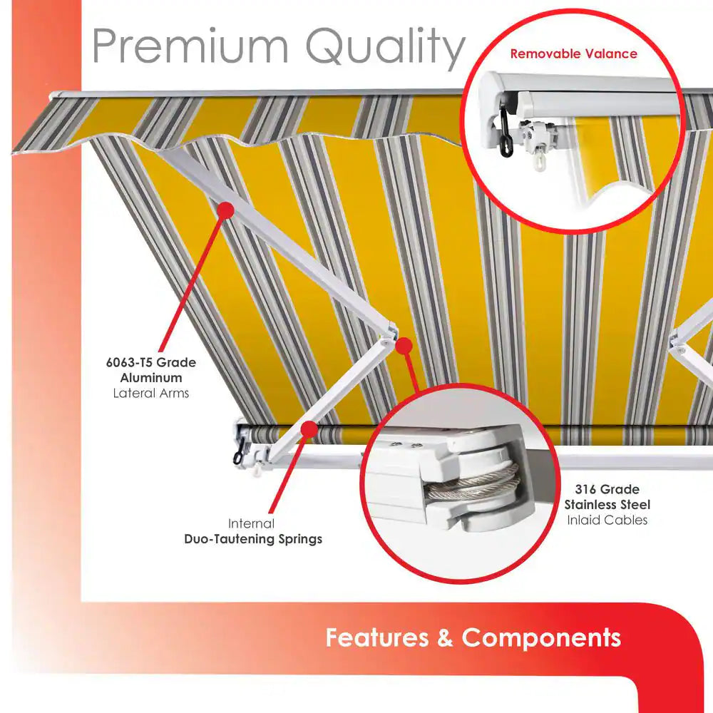 10 Ft. Luxury Series Semi-Cassette Electric W/ Remote Retractable Patio Awning, Yellow Gray Stripes (8 Ft. Projection)