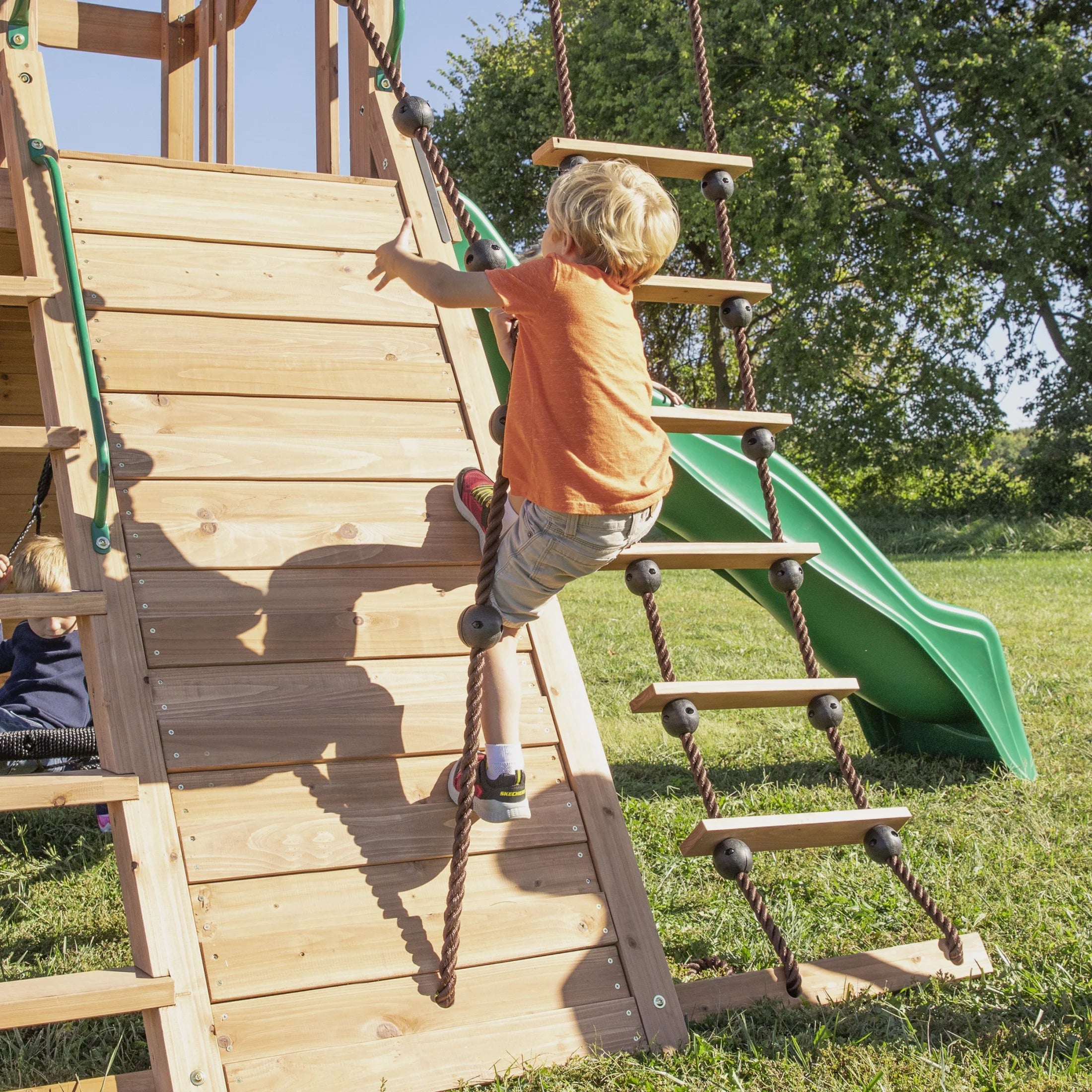 Endeavor Cedar Wood Swing Set, Slide, Play Deck, Rock Wall, Rope Ladder