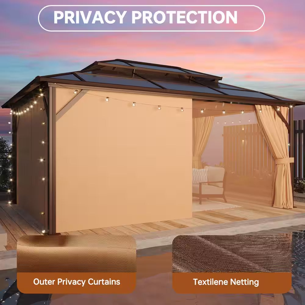 16 Ft. X 12 Ft. Polycarbonate Double Roof Patio Gazebo with Ceiling Hook, Mosquito Nets and Curtains