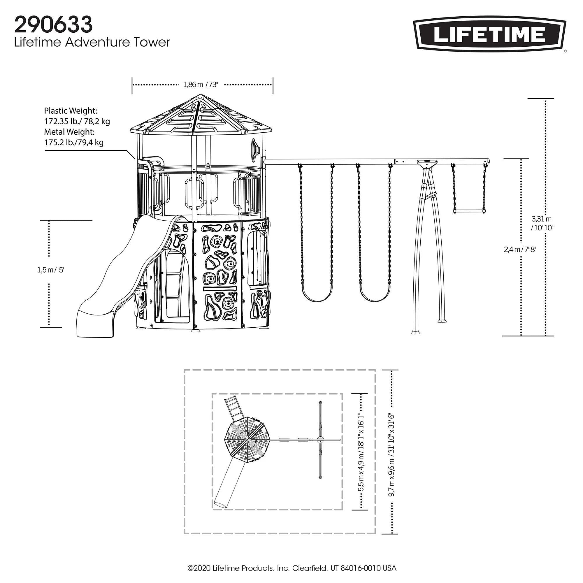 Kid'S Adventure Tower Swing Set with Slide and Climbing Wall - Green(290633)