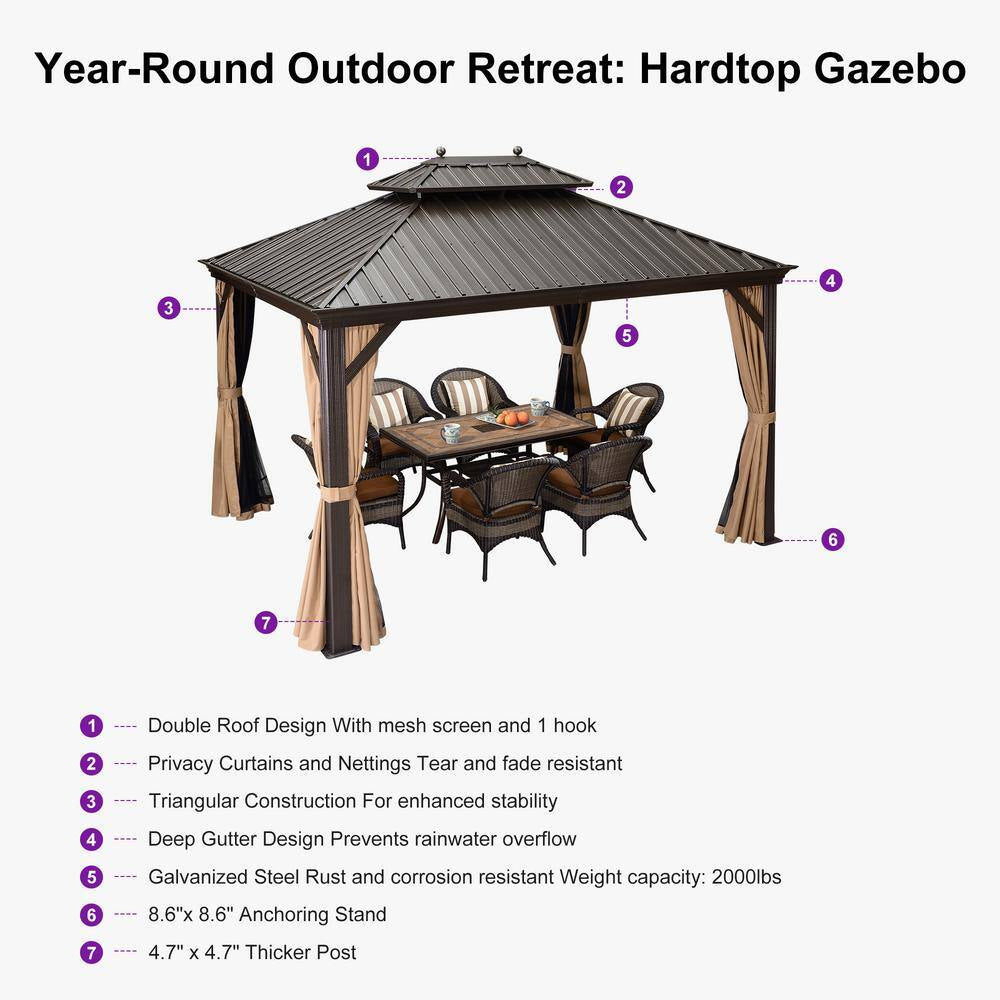 10 Ft. X 14 Ft. Bronze Patio Outdoor Gazebo for Backyard Hardtop Aluminum Frame Hooks Netting Khaki Curtain 24 Lights