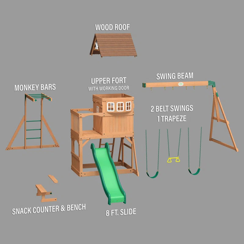 Montpelier Cedar Wood Swing Set with Wave Slide, Clubhouse, Monkey Bars, and Picnic Area
