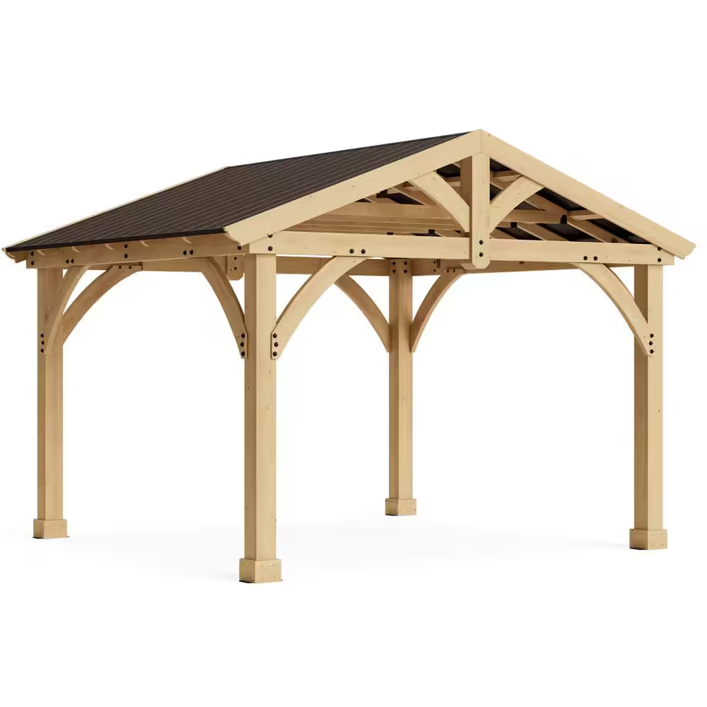 DIY Carolina 11 Ft. X 13 Ft. Cedar Wood Outdoor Gazebo Kit with Hardtop Metal Roof - Permanent Covered Patio Shade