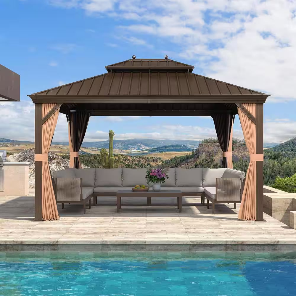11 Ft.X 13 Ft.Bronze Aluminum Power-Coated Frame Galvanized Steel Double Roof Hardtop Gazebo,Hooks,Netting,Khaki Curtain