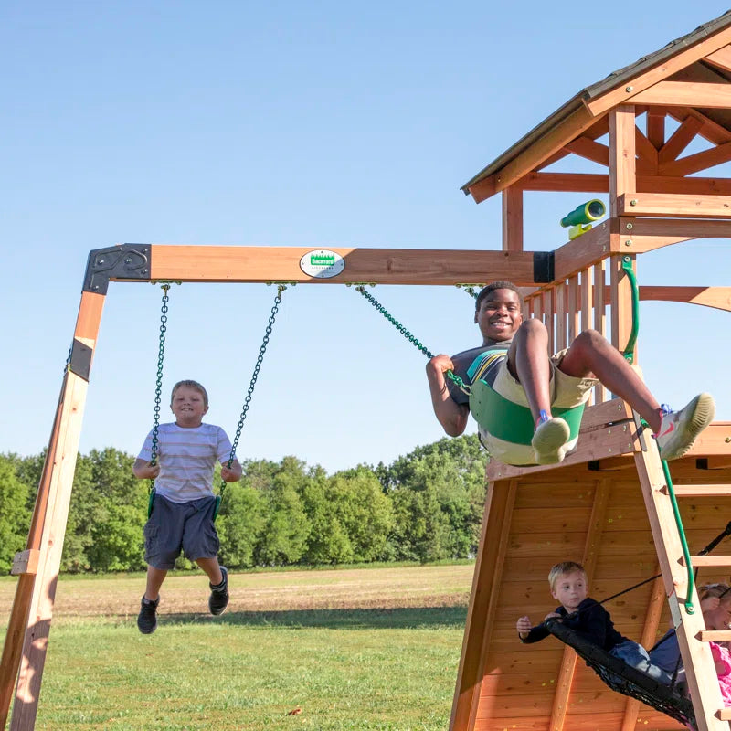 Endeavor Cedar Wood Swing Set with Wave Slide, Play Deck, Double Rock Wall, and Rope Ladder
