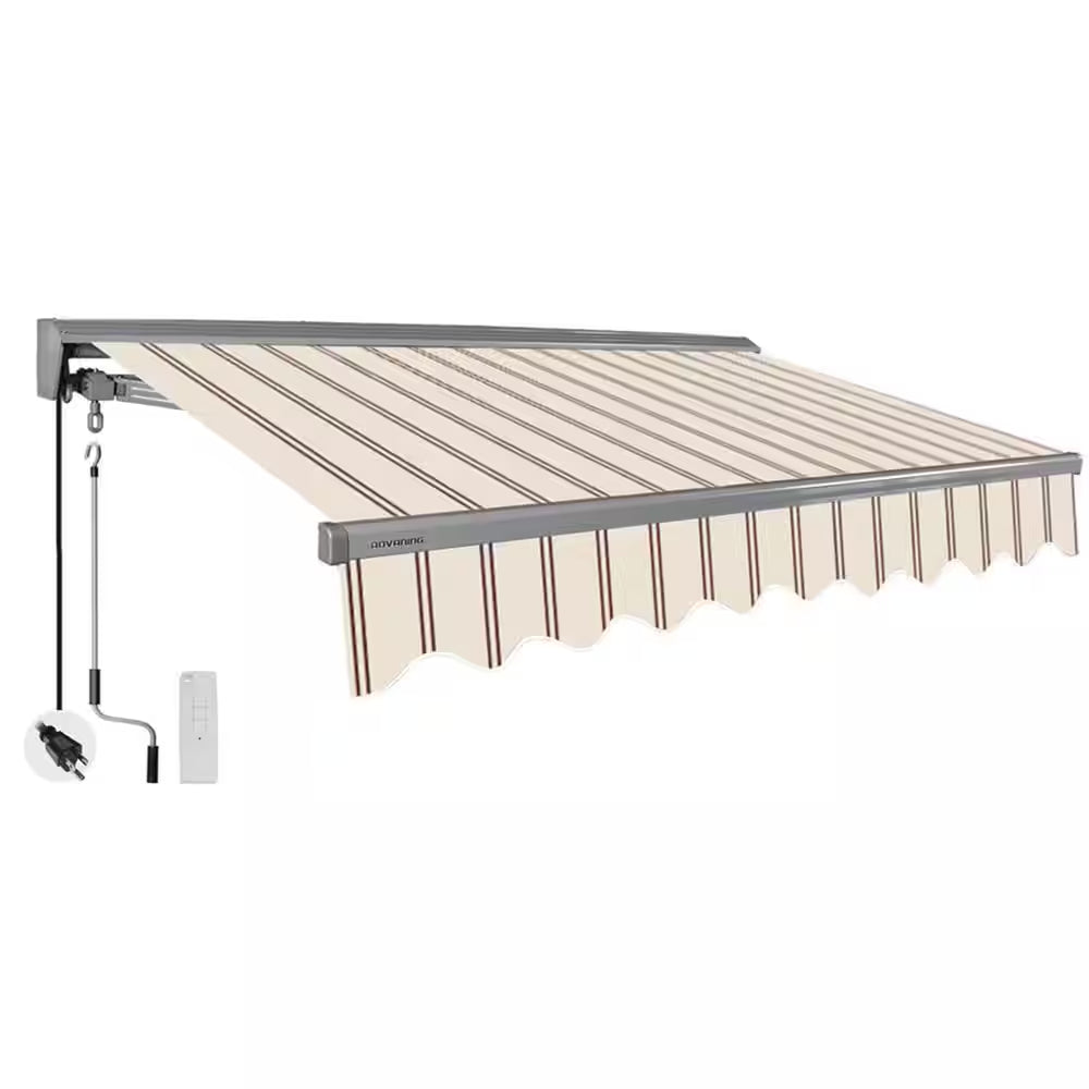 8 Ft. Classic Series Semi-Cassette Electric W/ Remote Retractable Patio Awning, Beige Red Stripes (7 Ft. Projection)