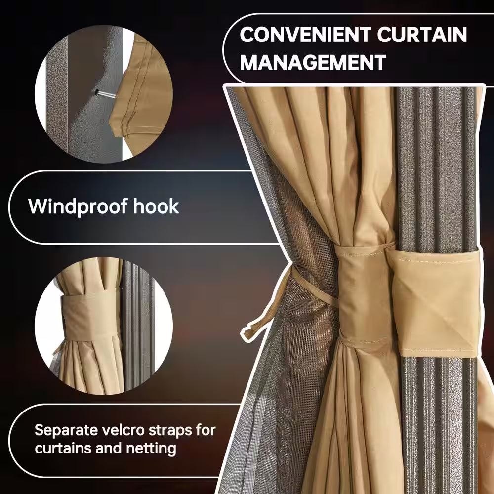 16 Ft. X 12 Ft. Polycarbonate Double Roof Patio Gazebo with Ceiling Hook, Mosquito Nets and Curtains