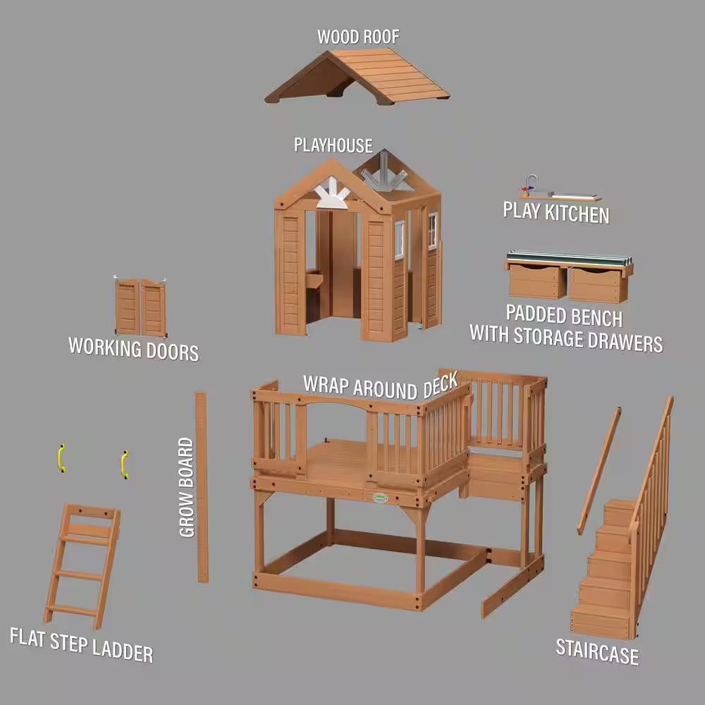 Scenic Heights Indoor Outdoor All Cedar Wooden Elevated Kids Playhouse W/ Clubhouse, Ladder, Staircase, and Play Kitchen